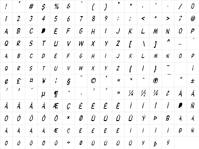 Elizabeth-Condensed Bold Italic  glyph index