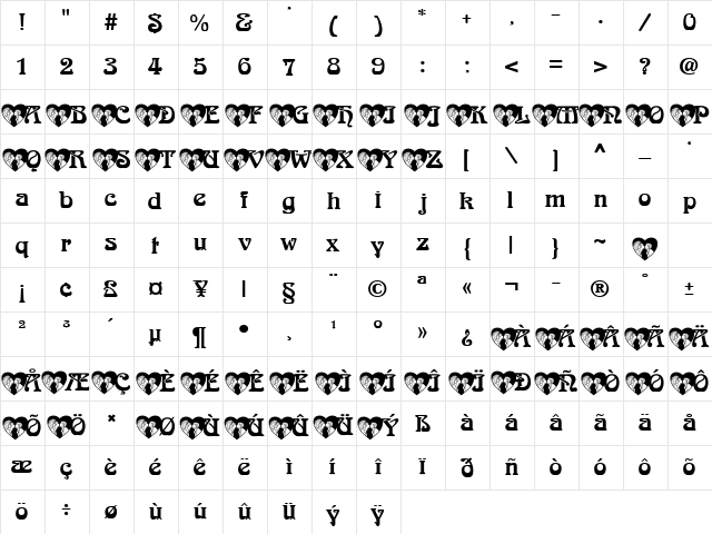 WeddingBlack Becker Normal  glyph index
