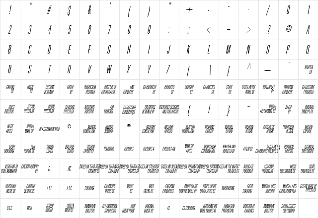 Universal Accreditation Italic  glyph index