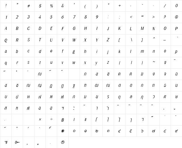 PSL-Pojamarn Italic  glyph index
