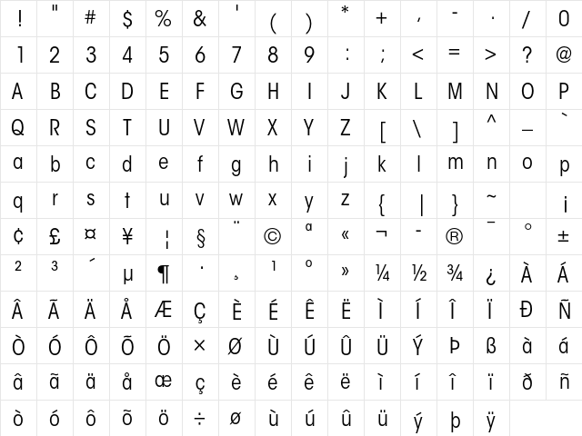 ITC Avant Garde Gothic Std Book Condensed  glyph index