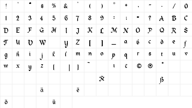 CreaChancerySSK Regular  glyph index