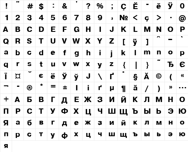 Pragmatica BoldChvFVI Bold  glyph index