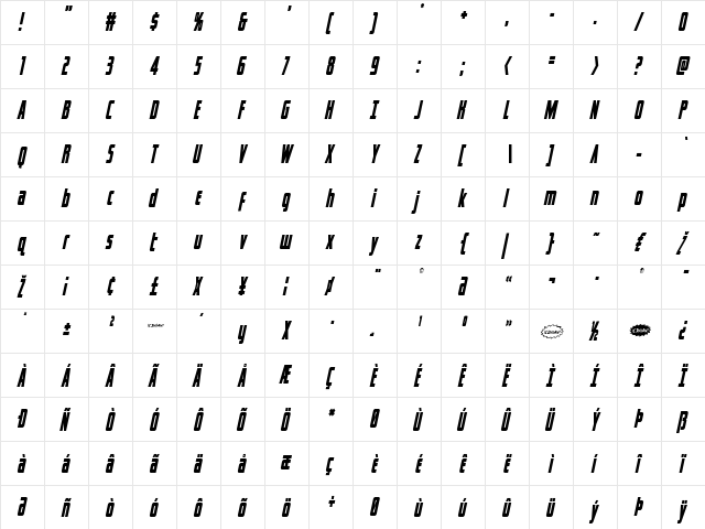 Captain Canaveral Condens Ital Condensed Italic  glyph index