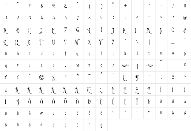 Glorietta Regular  glyph index