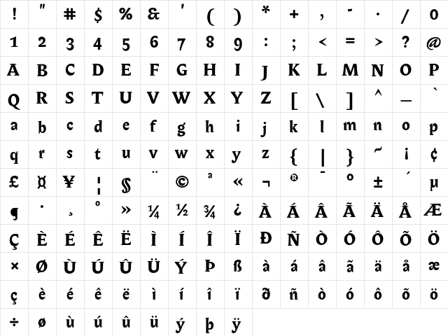 Biblon OT Bold  glyph index