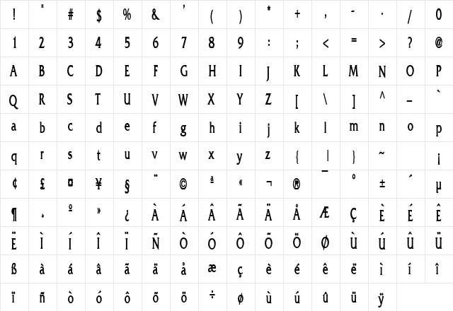 Franco Thin Bold  glyph index