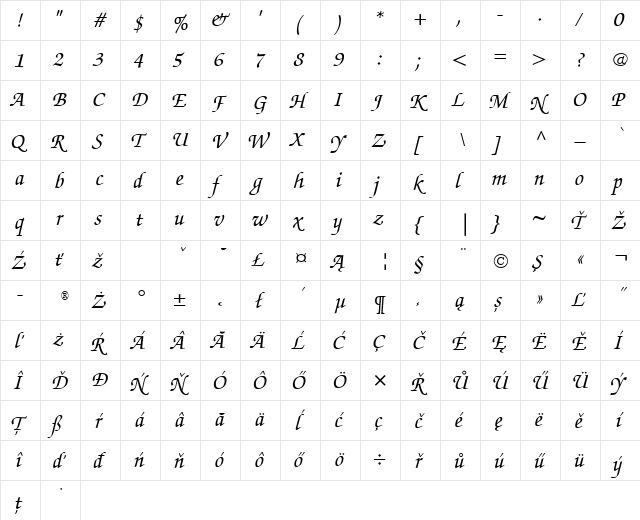 Zapf Chancery CE Medium Italic  glyph index