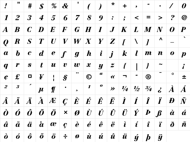 Centennial LT Std 96 Black Italic  glyph index