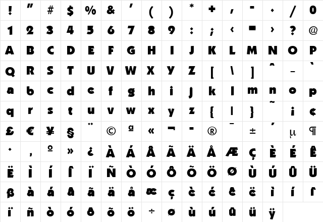 VictorBecker-Heavy Regular  glyph index