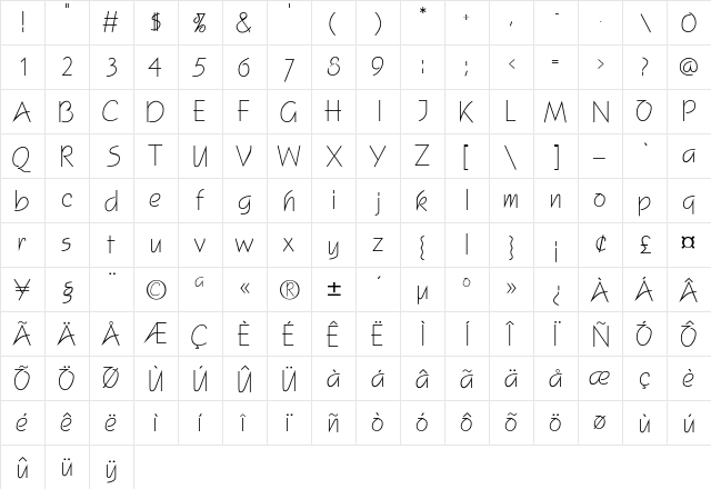 FeatherLight Regular  glyph index