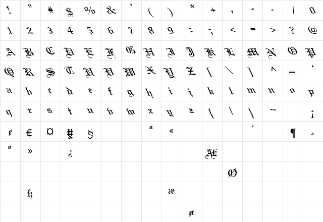 Old English Lefty Regular  glyph index