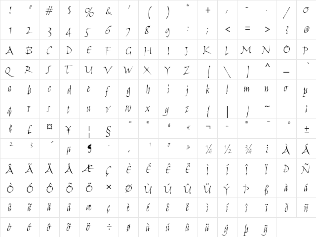 Humana Script ITC Std Light  glyph index