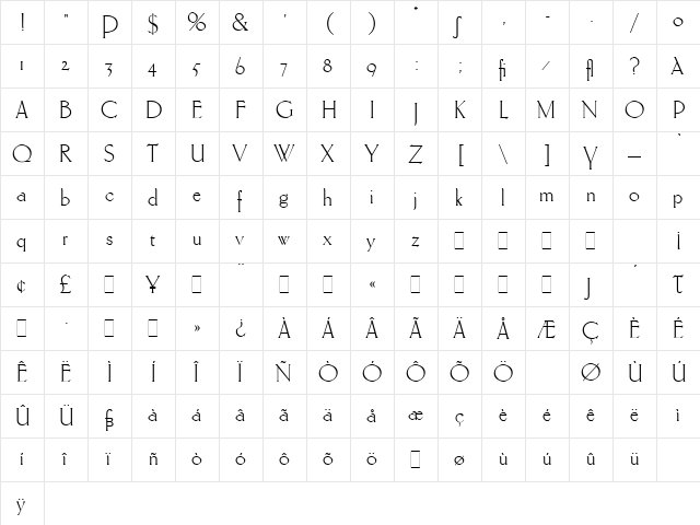 Carlton LET Plain  glyph index