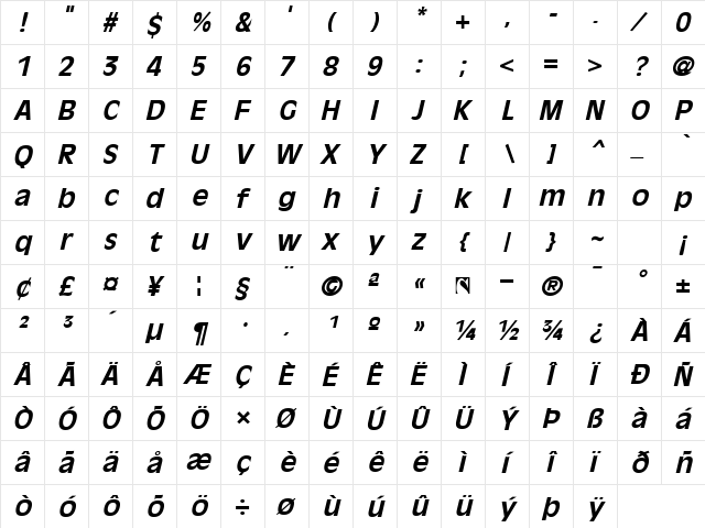 Antique Ovation fed kursiv  glyph index