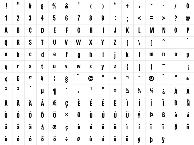 BrownExtraBoldCondensed Regular  glyph index