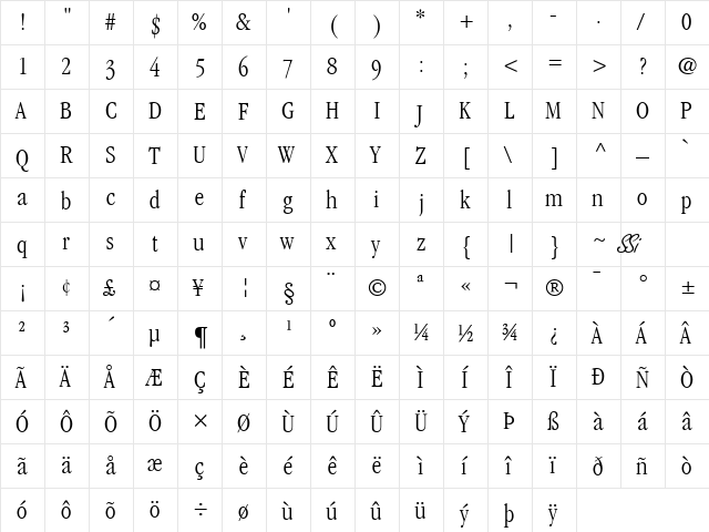 Garamond Light Condensed SSi Light Condensed  glyph index