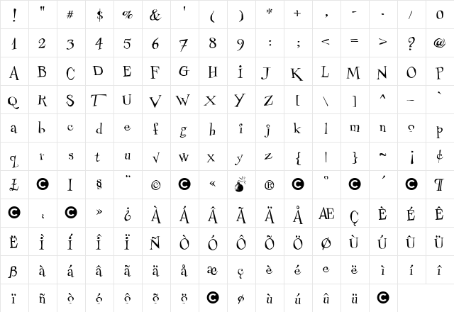 Couchlover Regular  glyph index