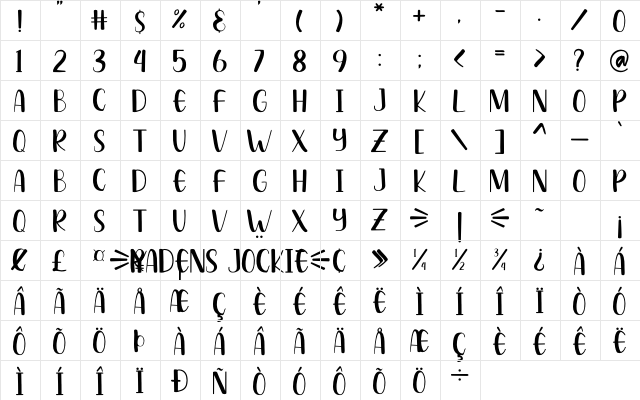Radens Jockie Regular  glyph index