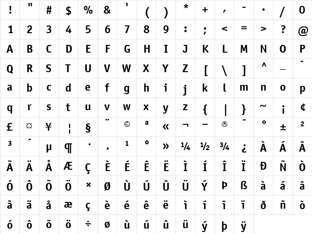 ITCOfficinaSans Bold  glyph index