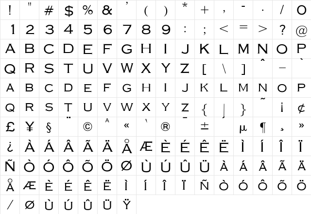 OPTICopperplate-Light Medium  glyph index