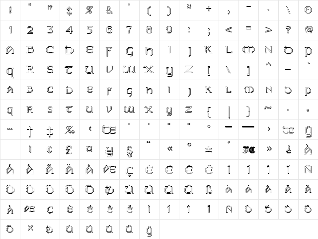 Wartburg Regular  glyph index