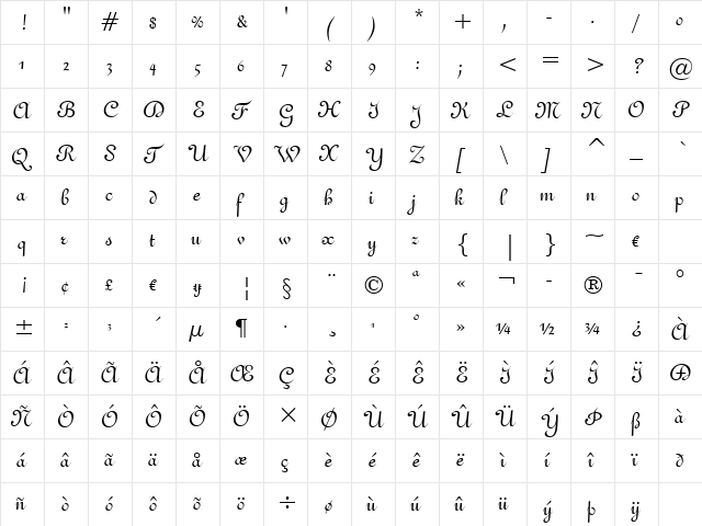 French111 BT Regular  glyph index