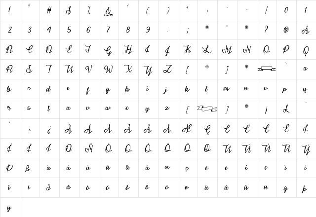 Snowflake Calligraphy Regular  glyph index
