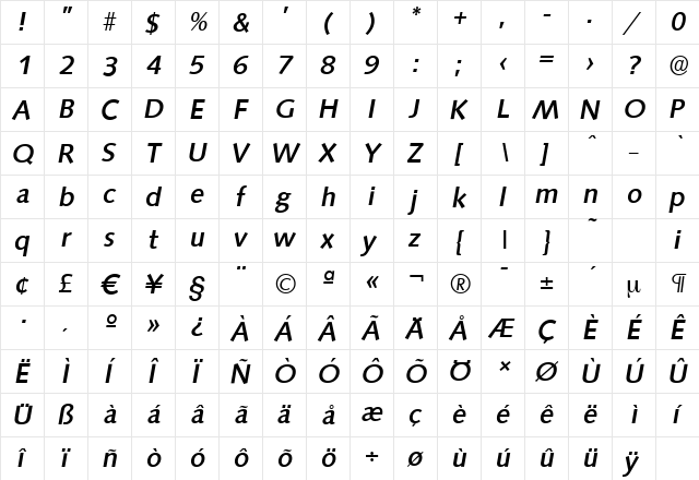 SaxonySerial-Medium Italic  glyph index