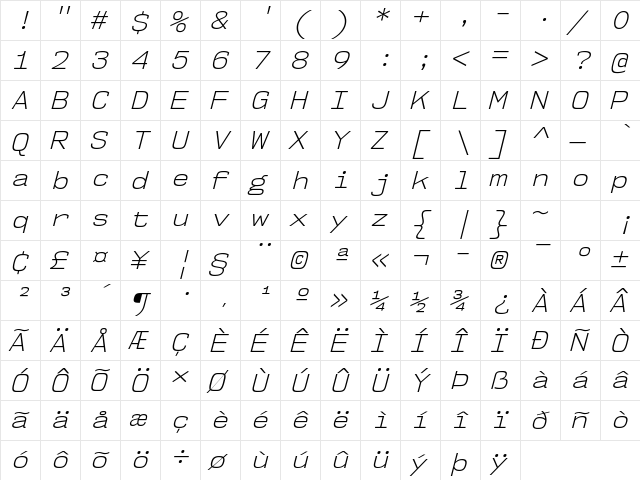 NK57 Monospace Light Italic  glyph index