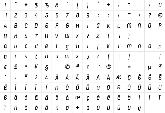 Pasadena-Serial RegularItalic  glyph index