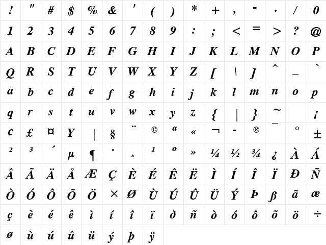 Old-Times Bold Italic Regular  glyph index