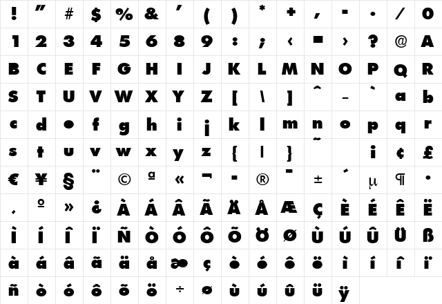 PeterBecker-Heavy Regular  glyph index