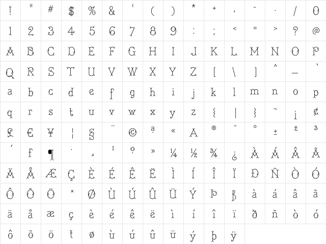 AstoriaAntiqueSG TT Light Regular  glyph index