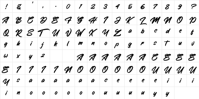 The Saxibrush Regular  glyph index