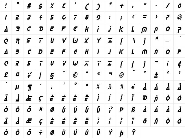 Delta-Condensed Italic  glyph index