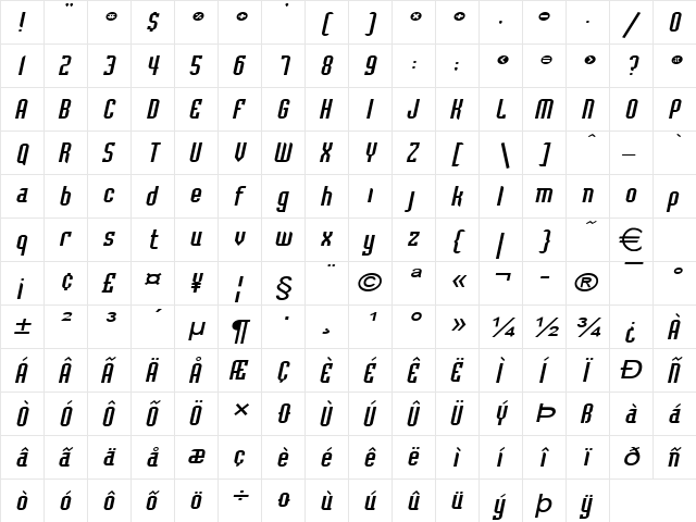 FlintstoneExtended Italic  glyph index