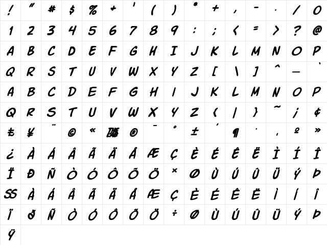 Komika Slick Italic  glyph index