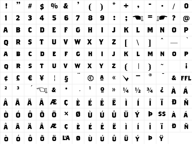 BrothersBold Bold  glyph index