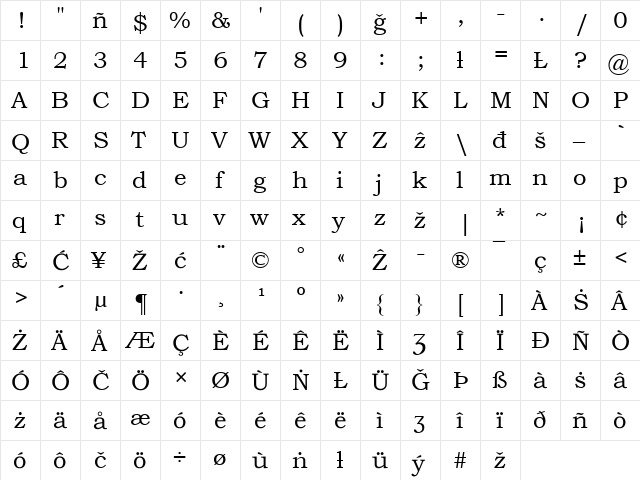 Venetica Bookman Regular  glyph index