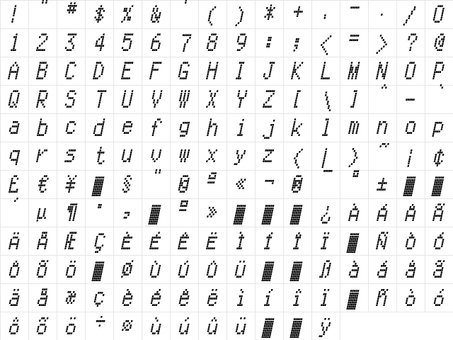 CallSix-Italic Regular  glyph index