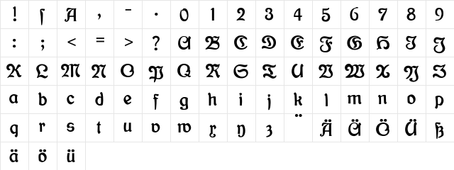 Bauernschrift Regular  glyph index