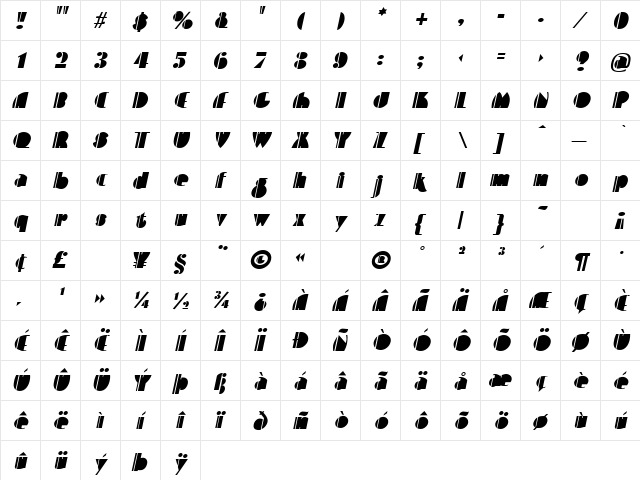 Contemporary Italic  glyph index