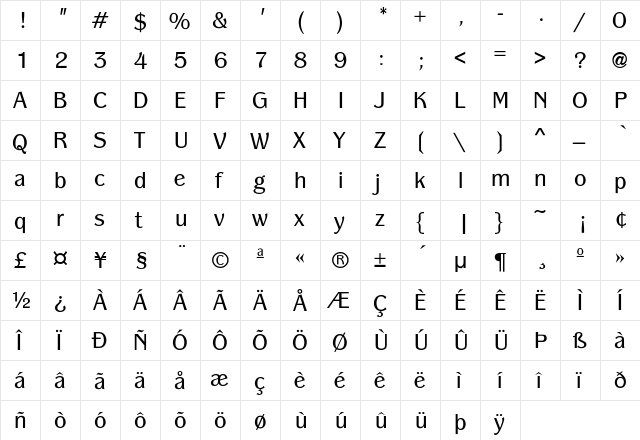 Panache-Book Regular  glyph index