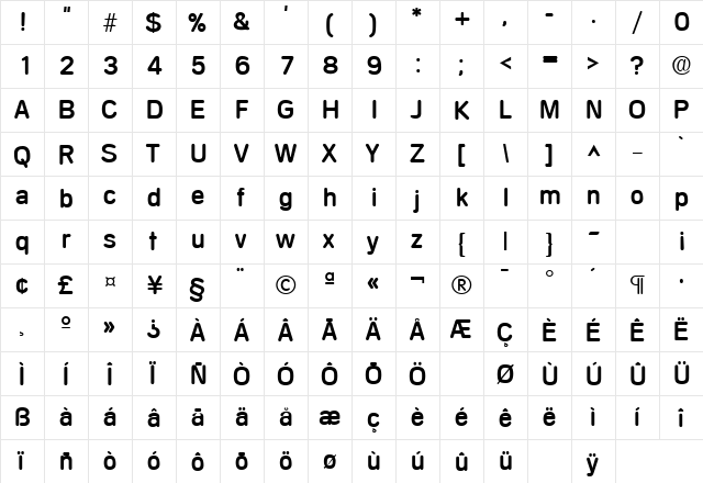 Mercedes Bold  glyph index