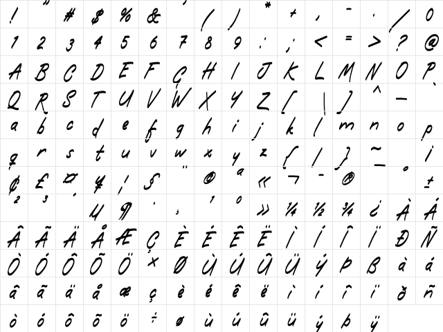 Blueflare Regular  glyph index