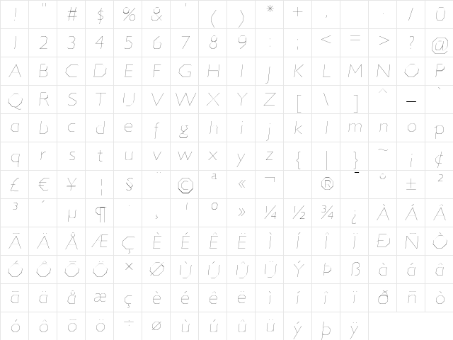 Jillican UltraLight Italic  glyph index