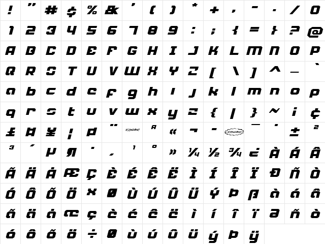 Weaponeer Expanded Italic Expanded Italic  glyph index