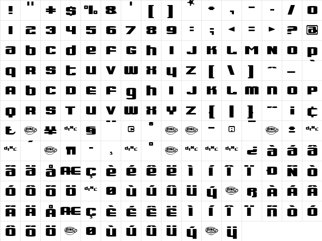 Dinette Regular  glyph index
