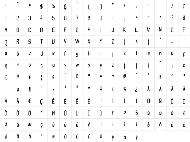 ZyphyteCondense Regular  glyph index